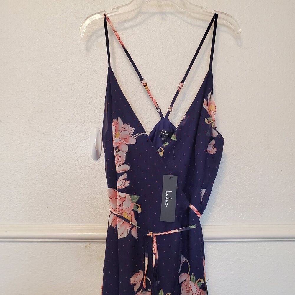 Lulus Maxi Dress Loiselle Navy Blue Floral Print Polka Dot Wrap Dress Size M NWT - Picture 2 of 16